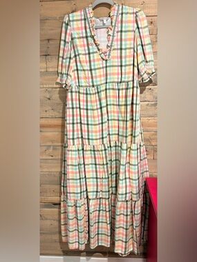 crown & ivy Pastel Plaid Tiered Dress in Green, Pink, Yellow